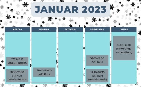 Course calendar for January 2023. Background is white with black snowflake