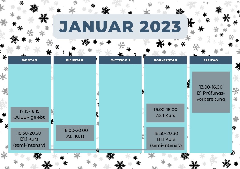 Course calendar for January 2023. Background is white with black snowflake