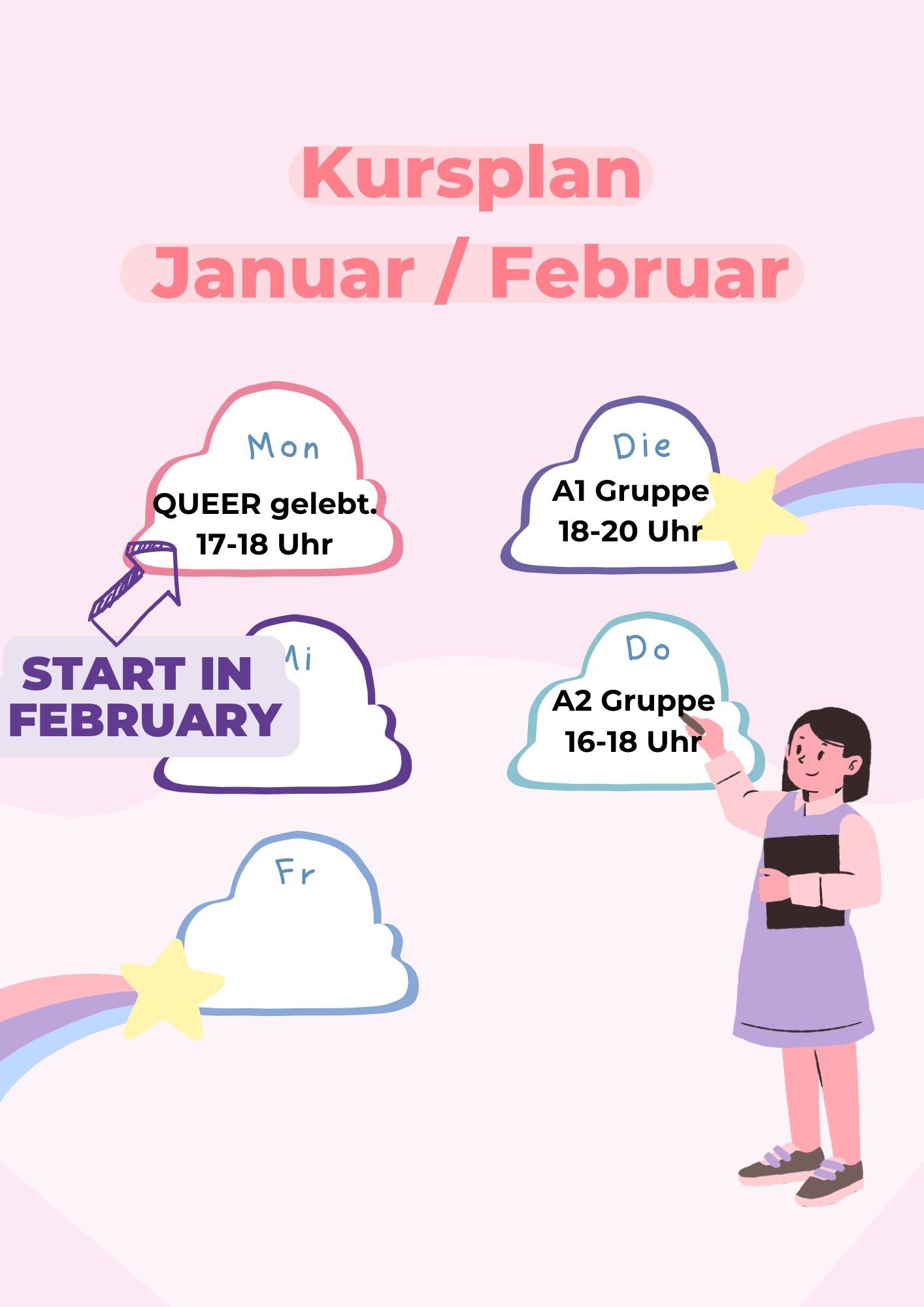Course plan for January and February in soft colours. A person in a dress who looks like a teacher is pointing with a pencil to one of the clouds with the information. There are also shooting stars with colourful tails