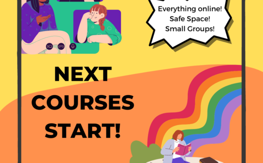 Colourful announcement of a course offer. left side on orange background are are people in on online meeting having a conversation. on the right is a person reading a book while sitting on a clock and a rainbow goes from the clock to the side. Text says: "Everything online! Safe Space! Small Groups!" and "Next courses start! Interested in other courses? queergesprochen@mailbox.org"