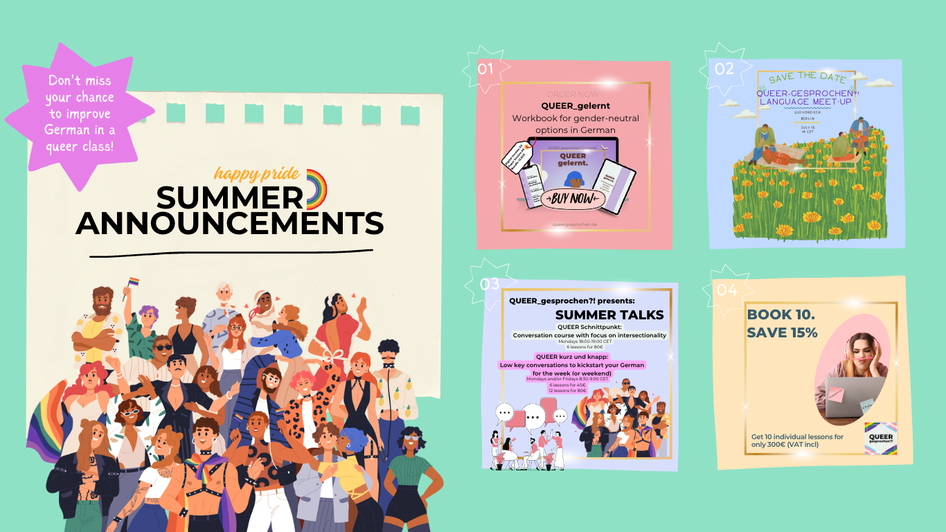 The Summer Announcements with a bunch of happy people on mint green background.