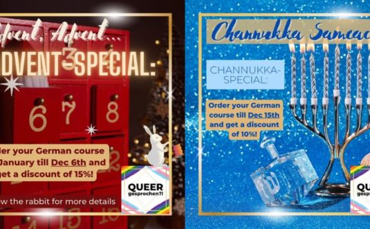 Two Promo pics next to each other. Advents-Special is in red and gold colours with a red wodden adventscalendar and the door 6 drawn open. It proposes a discount of 15% when register till Dec 6th. The channukkah special is in the colours blue and gold, you see the channukkah lighter in full light. It proposes a discount of 10% when register till 15th.